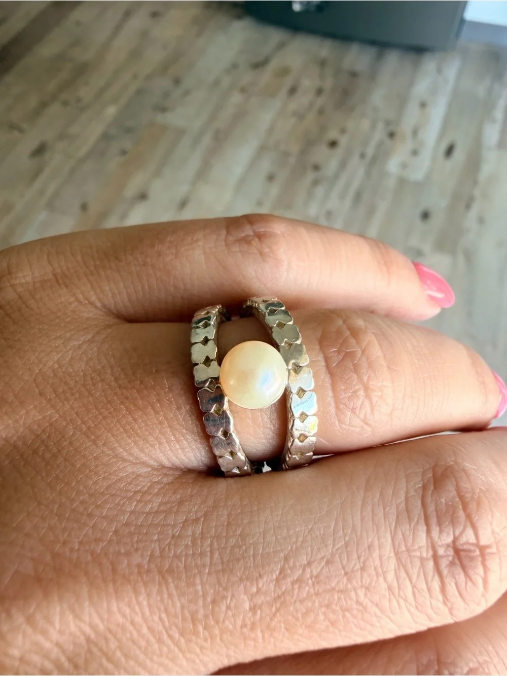 Tous Silver Ring with White Pearl Accent